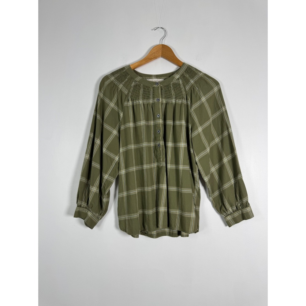 Cottagecore LOFT Womens Small Blouse Olive Green Plaid Smocked Yoke Cotton Top